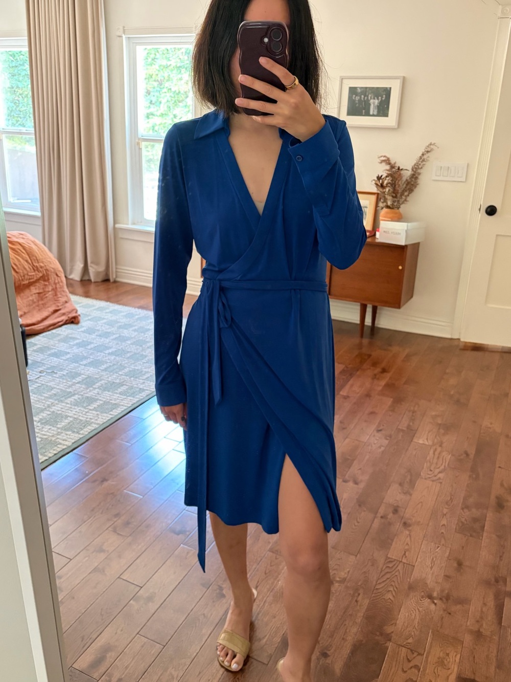 Calvin Klein wrap long-sleeve dress in royal blue